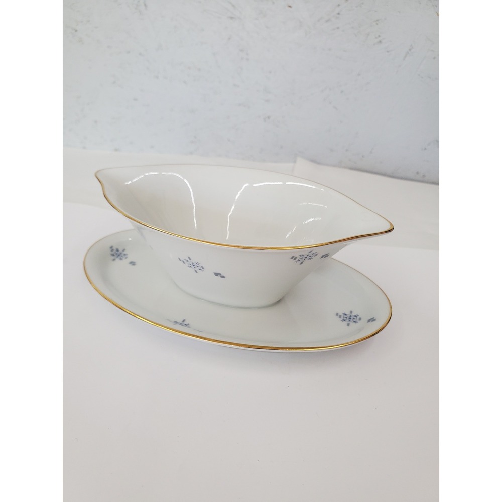 Johann Seltmann Vohenstrauss Bavaria Gravy Boat Attached Plate Blue Gold Trim